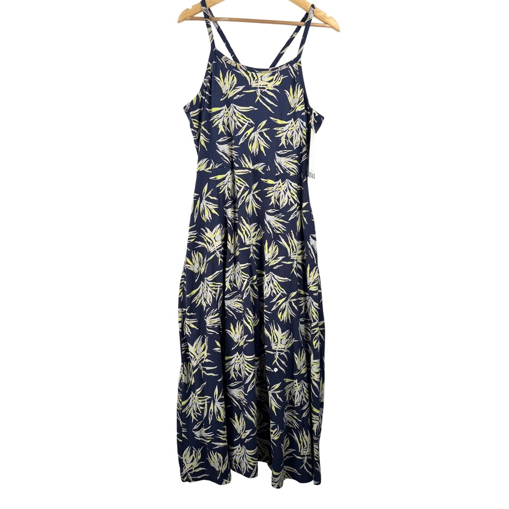 Pact Fit and Flare Midi Dress‎ sz XL Navy Tropical Leaf Organic Cotton beach
